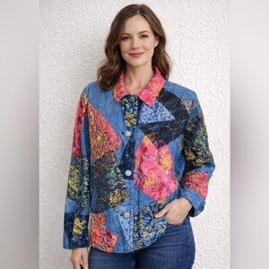 Vintage Chico’s Design Patchwork Jacket Quilted Blue Pink Floral Size 2